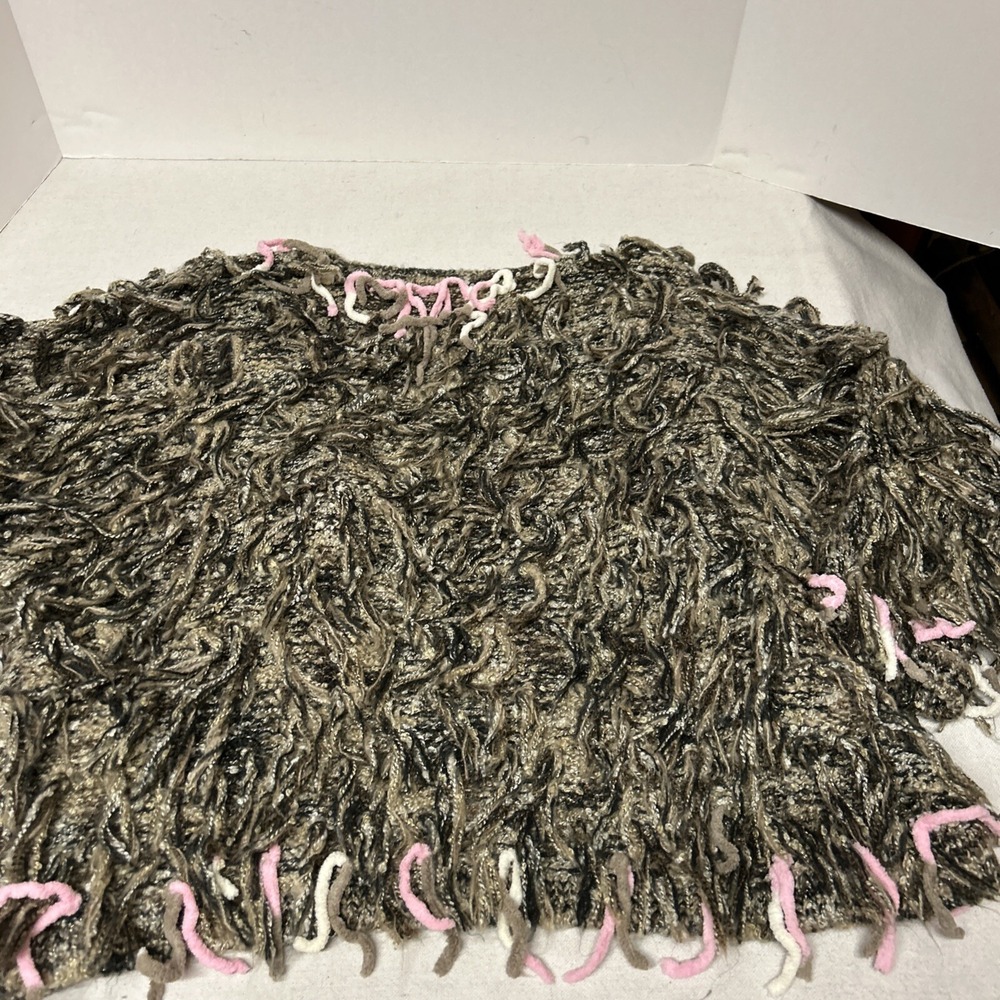 I.N.C Shaggy‎ Funky Knit Short Sweater Open Front Neutral Colors Pink Accents - Picture 2 of 12